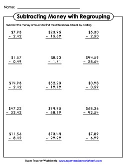 Subtracting Money (No Zeros) Subtraction Worksheet