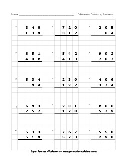 Graph Paper Subtraction (3-digits / Regrouping) Worksheet