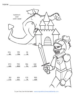 Subtract and Color: Castle Subtraction Worksheet