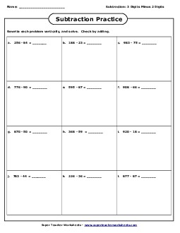 Subtraction (3 digits - 2 digits) Worksheet