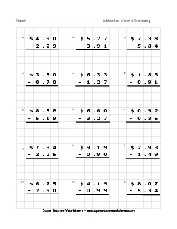 Graph Paper Subtraction: Money Worksheet