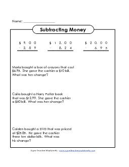 Subtracting Money (Across Zero) Subtraction Worksheet