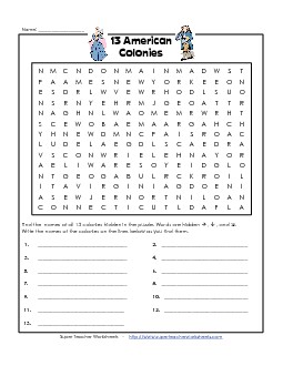 Thirteen American Colonies Colonial America Worksheet