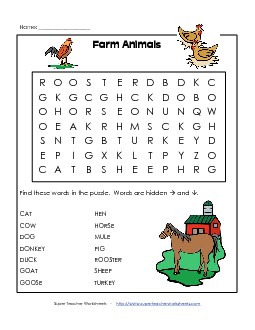 Farm Animals Free Wordsearch Worksheet