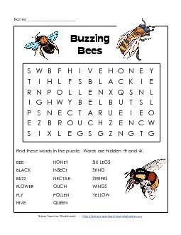 Bees Free Wordsearch Worksheet