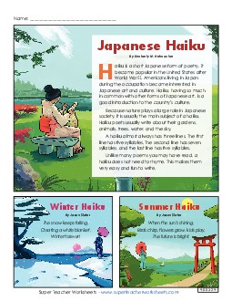 Haiku Article 4th Grade Reading Comprehension Worksheet