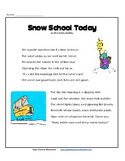 Snowy School Day (Poem) 2nd Grade Reading Comprehension Worksheet