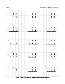 Graph Paper Subtraction (2-Digits / Regrouping) Worksheet