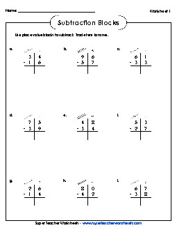 2-Digit Subtraction with Place Value Blocks Worksheet