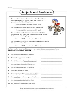 Complete & Simple Subjects & Predicates Subject Predicate Worksheet