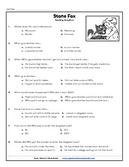 Stone Fox Comprehension Questions Books Worksheet