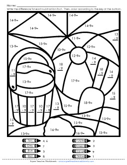 Mystery Picture - Beach (Basic Subtraction) Worksheet