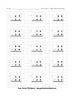 Graph Paper Subtraction (2-Digits / No Regrouping) Worksheet