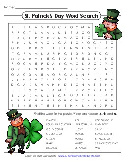 St. Patrick\'s Day Word Search (Intermediate) Free Wordsearch Worksheet