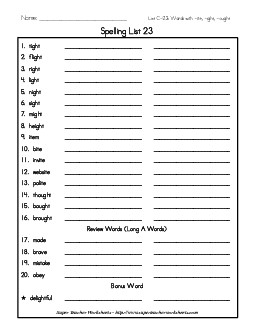 List 23: Word List Spelling Worksheet