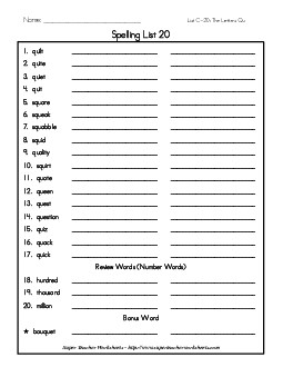 List 20: Word List Spelling Worksheet