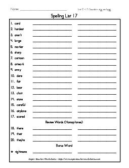 List 17: Word List Spelling Worksheet