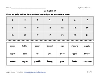 List 27:  ABC Order Spelling Worksheet