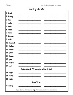 List 25: Word List Spelling Worksheet