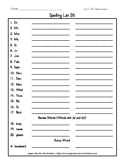 List 26: Word List Spelling Worksheet