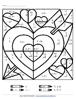 Basic Subtraction: Valentine Mystery Picture Valentines Day Worksheet