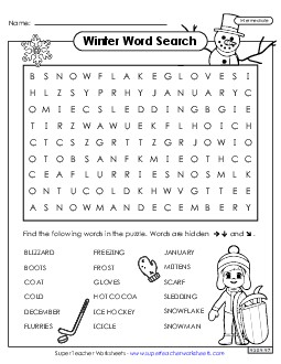 Winter Word Search (Intermediate) Worksheet