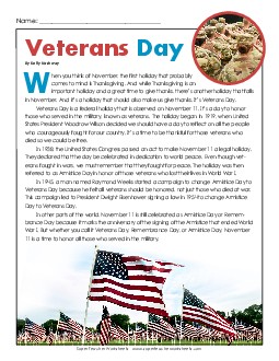 Veterans Day Article 3rd Grade Reading Comprehension Worksheet