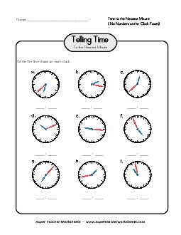 Nearest  Minute - No Numbers on Clocks Time Worksheet