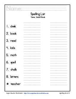 Theme List - School Spelling Worksheet