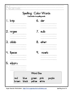 Theme List - Colors: Unscramble Spelling Worksheet