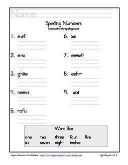 Theme List - Numbers: Unscramble Spelling Worksheet