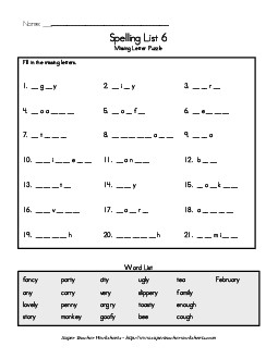 List 6:  Missing Letters Spelling Worksheet