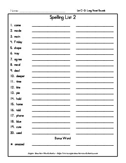 List 2: Word List Free Spelling Worksheet