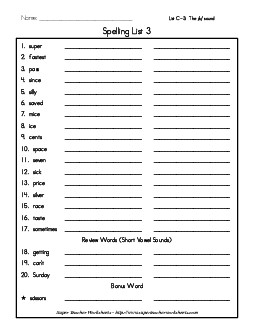 List 3: Word List Spelling Worksheet