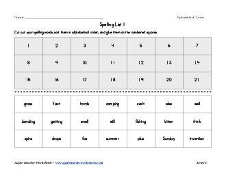 List 1:  ABC Order Spelling Worksheet