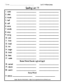 List 14: Word List Spelling Worksheet