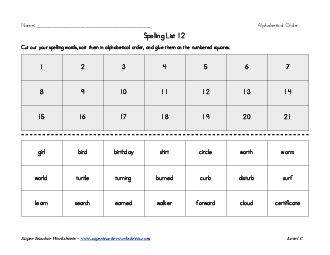 List 12:  ABC Order Spelling Worksheet