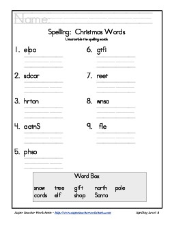 Holiday List - Christmas: Unscramble Spelling Worksheet