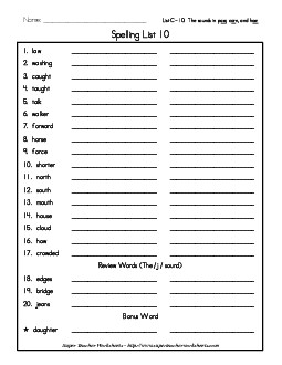 List 10: Word List Spelling Worksheet