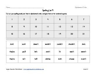 List 9:  ABC Order Spelling Worksheet