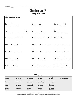 List 7:  Missing Letters Spelling Worksheet