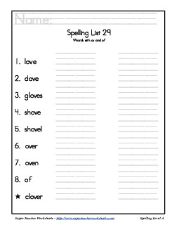 List 29: Word List Spelling Worksheet