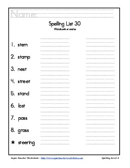 List 30: Word List Spelling Worksheet