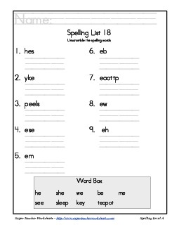 List 18: Word Scramble Spelling Worksheet