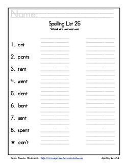 List 25: Word List Spelling Worksheet