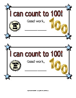 Award Certificate:  I can count up to 100!  Awards Worksheet