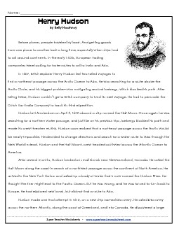 Henry Hudson Article Free 5th Grade Reading Comprehension Worksheet