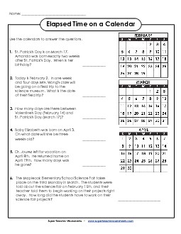 Elapsed Time on a Calendar Calendars Worksheet