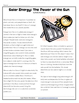 Solar Energy Article (Non-Fiction) 3rd Grade Reading Comprehension Worksheet