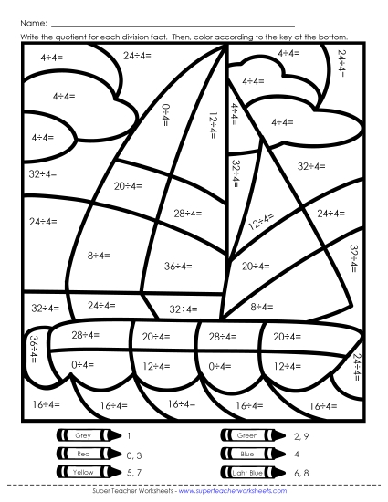 Division Mystery Pic: Sailboat (4s Only) Worksheet